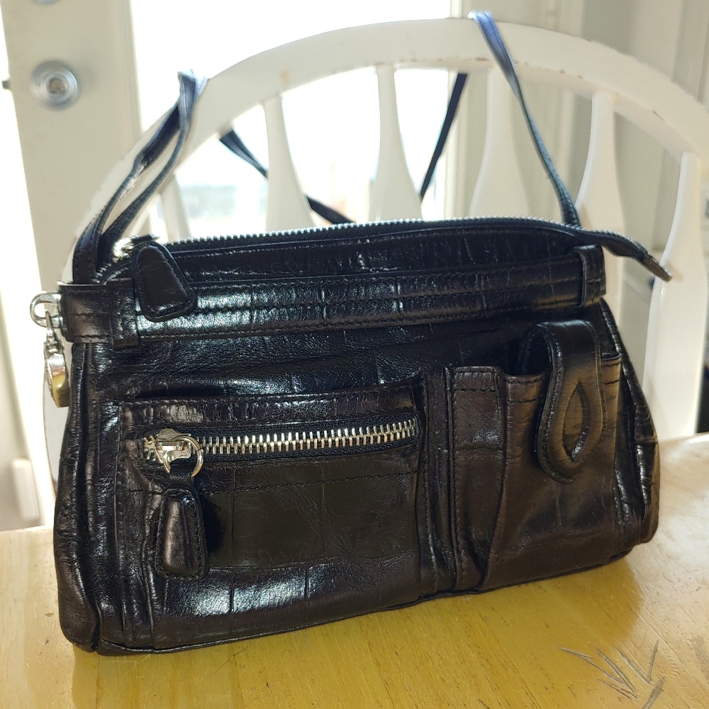 Sac à Main Brighton En Cuir Crocodile Noir - Bandoulière Ajustable - Occasion